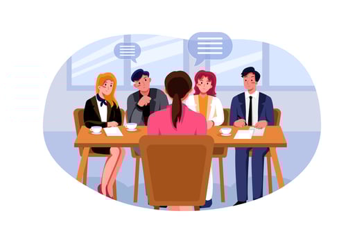 Woman during a job interview and four elegant members of management vector