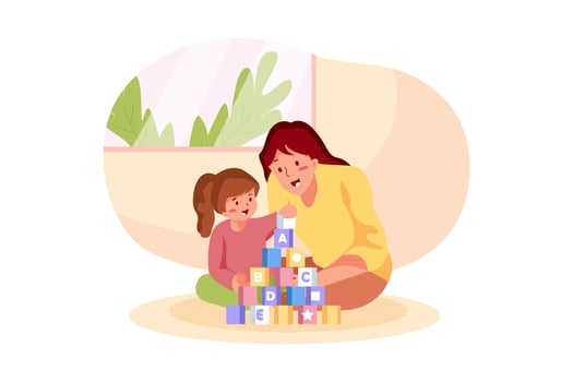 Mother playing with kids at home. Educational toys vector