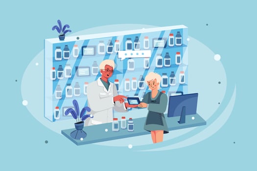 Lady Customer purchasing medicine from a pharmacy vector
