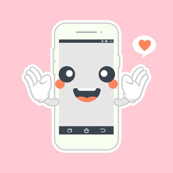 Cute and kawaii smartphone flat design, mobile phone cartoon character. Vector flat line cartoon kawaii character illustration icon. Callphone, smartphone with character face app concept