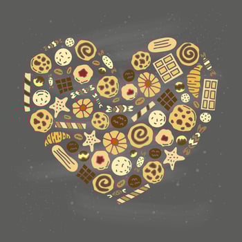 Doodle colored cookies, waffles and candies composed in heart shape. vector