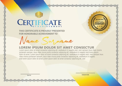 Modern certificate template with diagonal halftone ornament on background. vector illustration