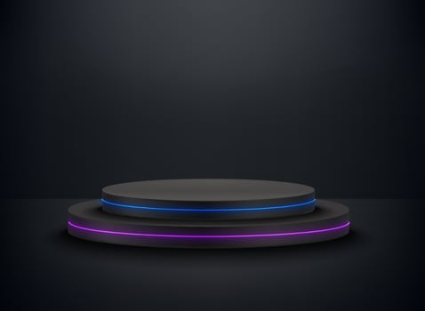 Deep black room with podium and neon glow. 3d vector premium showcase for display products