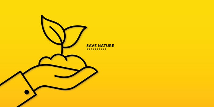 Hand holding young plant on yellow background, Pollution and environment protection concept. Seedling grow of tree vector