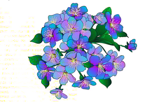 Flowering tree branch with green leaves, purple and pink, you can use to print on postcards, clothes and carnations vector