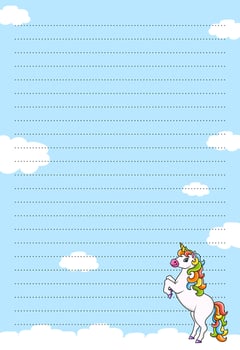 Colored sheet template for notes with unicorn. Paper page for journal, notebook, diary, letters, schedule, organizer. Cute cartoon character. Lined sheet. Vector illustration.