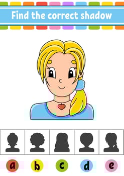 Find the correct shadow. Education developing worksheet. Activity page. Color game for children. Isolated vector illustration. Cartoon character.