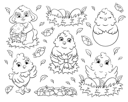 Coloring book page for kids. Set of cute chickens and rabbit. Easter theme. Cartoon style character. Vector illustration isolated on white background.