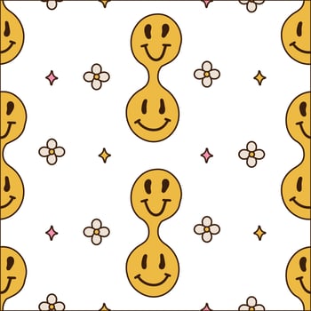 Seamless pattern with funny melt smile faces. Smile hippie emoticons with daisy flowers. Lsd, surreal, trippy print concept. Vector cartoon character illustration.