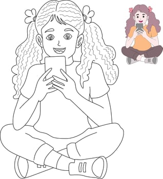 Girl holding a smartphone for coloring book vector