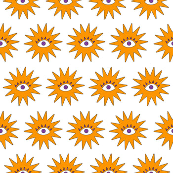 Colorful seamless pattern of minimal magical elemens in groovy retro style 70s-80s. Trendy vector illustration