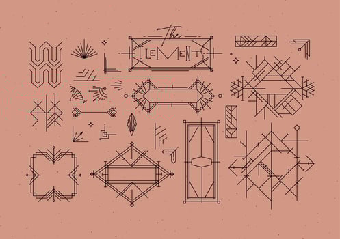 Art deco vintage design elements drawing in line style on powder coral background vector