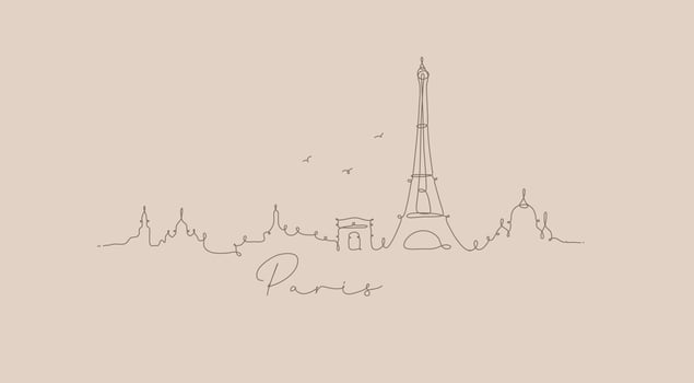 City silhouette paris in pen line style drawing with brown lines on beige background vector