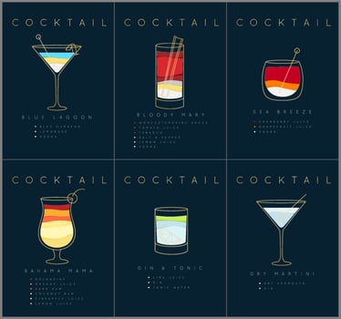 Set of flat cocktail posters blue lagoon, bloody mary, sea breese, gin and tonic, dry martini drawing on dark blue background vector