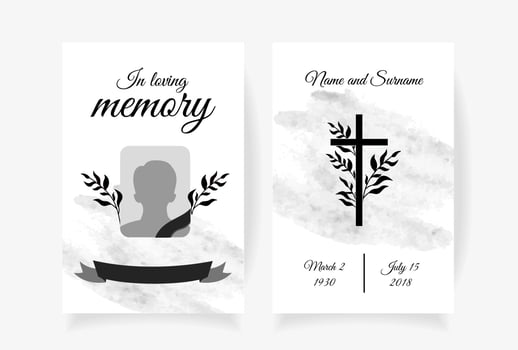 Funeral card template design with branches place under photo cross name and dates of death. Vector illustration in black and white