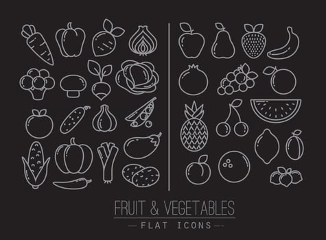 Set of flat fruits icons and vegetables drawing with white lines on black background vector
