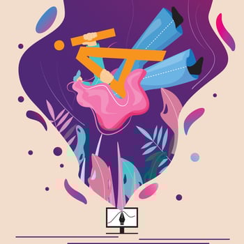 World of graphic design. Woman falling in the world of graphic design. Vector graphic design concept. Illustration with a happy female character falling the in monitor.