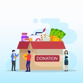 Cardboard box full of drugs. Different pills bottles, healthcare, pharmacy. Medical drug vitamin, antibiotic. Donate, charity. Flat vector