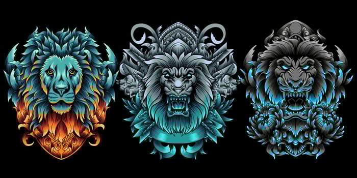 Collection of lion head with ornament in neon color style vector
