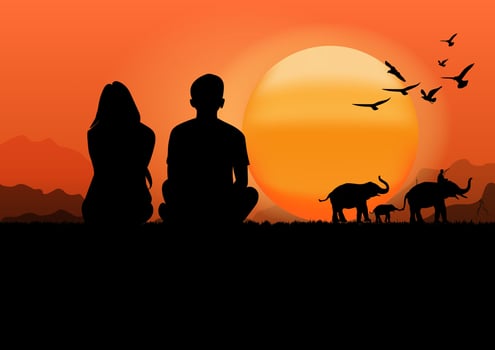 graphics drawing couple boy and girl sit with sunset or sunrise background and light orange of sky vector illustration concept romantic
