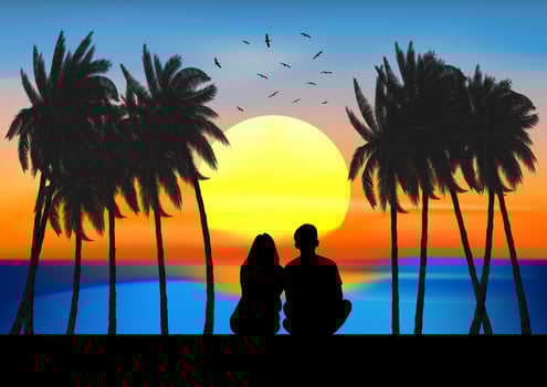 graphics image A couple man and women sitting look at sunset on the beach design vector illustration