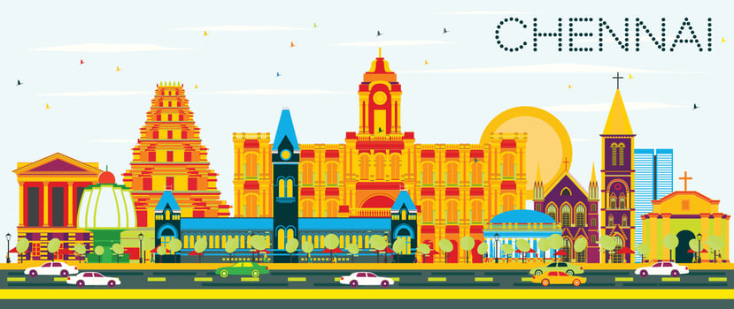 Chennai Skyline with Color Landmarks and Blue Sky. vector