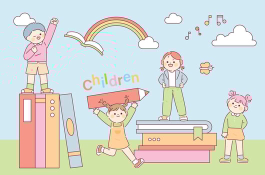Cute children are playing around with books and pencils. Children education concept. vector