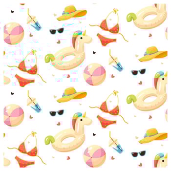 Seamless pattern with beach accessories, swimsuit, swimming circle. Summer pattern. vector