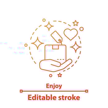 Shopping enjoyment concept icon. Purchases idea thin line illustration. Hand holding box. Excellent delivery service. Vector isolated outline drawing. Editable stroke