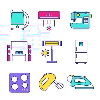 Household appliance color icons set. Electric kettle, air conditioner, sewing machine, home theater, infrared heater, fridge, cooktop, handheld mixer, steam iron. Isolated vector illustrations