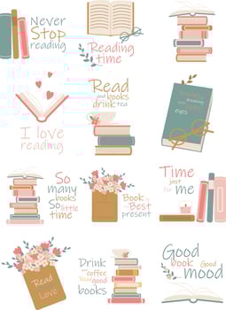 Set of books and elements for reading. A stack of books, textbooks, a cup of flowers, isolated on a white background. Books with flat cartoon vector illustrations.