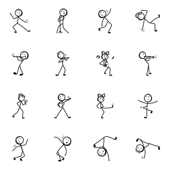 Dancing and Music Stick Figure Sketchy Icons vector
