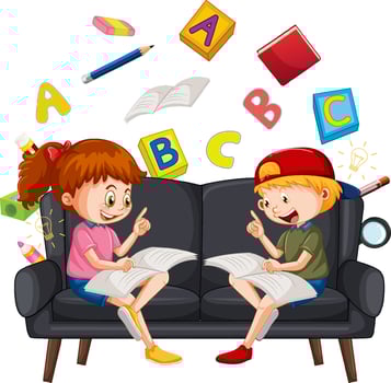 Children reading books on white background vector