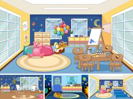 Set of different kindergarten classroom scenes vector