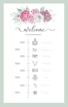 Wedding Timeline menu on wedding day with watercolor flower. Abstract floral art background vector design for wedding and vip cover template.