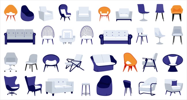 Modern chair and armchair big set with different design shape and size and color for home and office sofa isolated vector