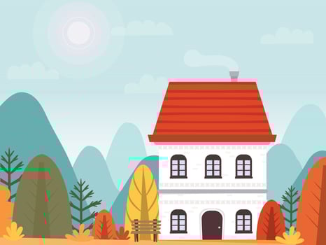 house on background of autumn landscape. Two-storey building in mountains. Themed postcard. Outdoor recreation advertising. Bright, colored foliage. Vector illustration, flat