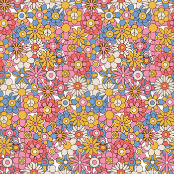 60s and 70s retro vintage flowers seamless pattern. Floral background with different hippie daisies. Outline color vector illustration.