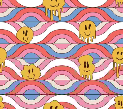 Comic crazy melt smile faces looking out of the geometry seamless pattern. Smile psychedelic emoticons melting acid,trippy, waves wallpaper print concept. Vector outline illustration.