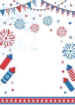 4th of July border frame with red, blue fireworks and sparks, isolated on white background. Design for American Independence Day party invitations or posters. vector