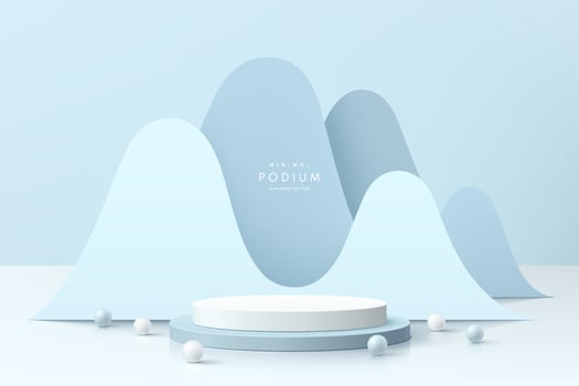 Realistic white and blue cylinder pedestal podium with wavy layers shape background. Vector abstract room with 3D geometric forms. Luxury minimal scene for mockup products showcase, Promotion display.