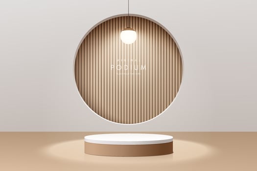 Realistic brown wood and white 3D cylinder pedestal podium with glowing ball neon lamp. Abstract minimal wall scene for mockup products, stage for showcase, promotion display. Vector geometric forms.