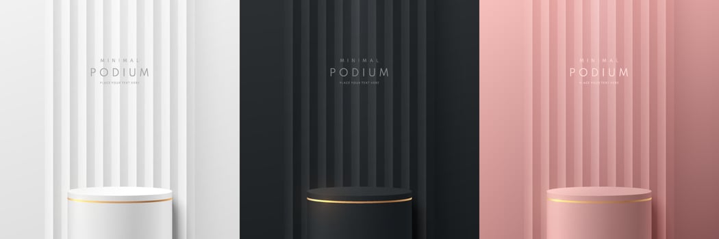 Set of vector abstract 3D room with luxury cylinder stand or podium. Pink gold, Black, Gold and Silver white geometric forms. Minimal scene for mockup products, Stage for showcase, Promotion display.