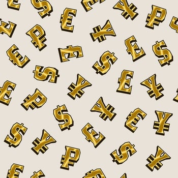 Seamless pattern with gold symbols of major world currencies on white background. US dollar, euro, pound sterling, rouble, yen. Vintage style. vector