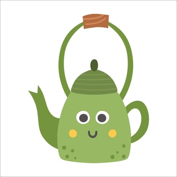Vector teapot icon. Kawaii tea pot illustration. Colored smiling kettle with eyes and mouth isolated on white background. Flat kitchen or hiking equipment