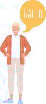 Man speaking german language semi flat color vector character with speech bubble
