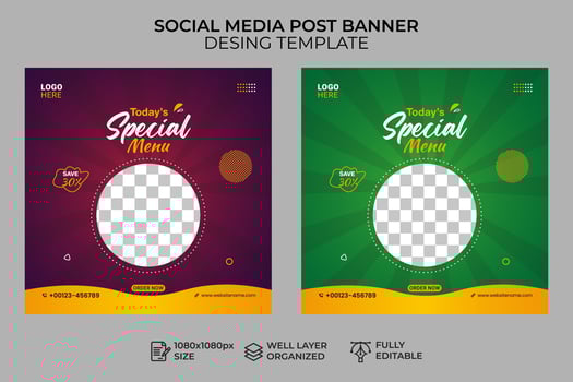 food menu social media post banner template, sale and discount square banner vector