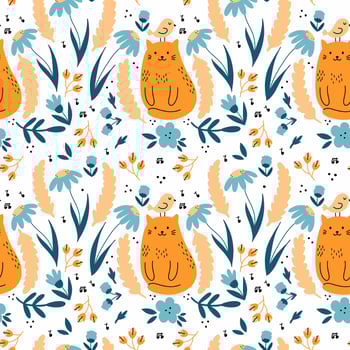 Seamless floral pattern. Cute cat with bird on his head. Spring garden. Background for sewing clothes and printing on fabric. Summer wrapping paper. vector