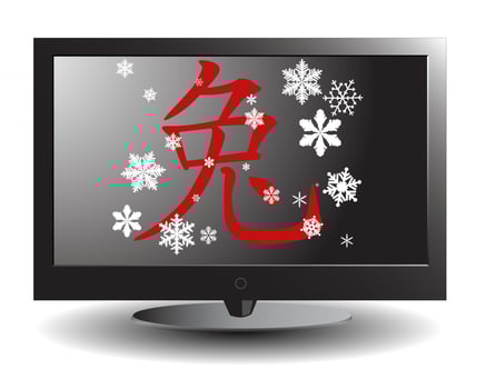 The plasma TV with snowflakes and a hieroglyph of year of a rabbit vector