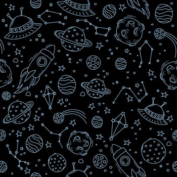 Various space objects. Pattern with space on a black background. vector